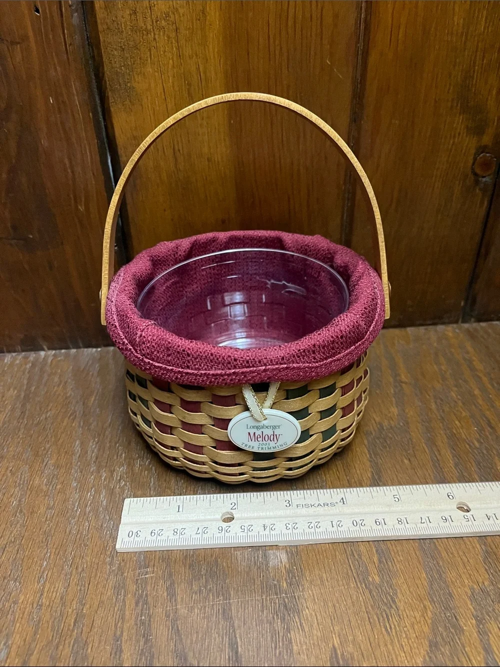 Longaberger Woven Melody 2003 Tree Trimming Basket-Burgundy Liner and Protector